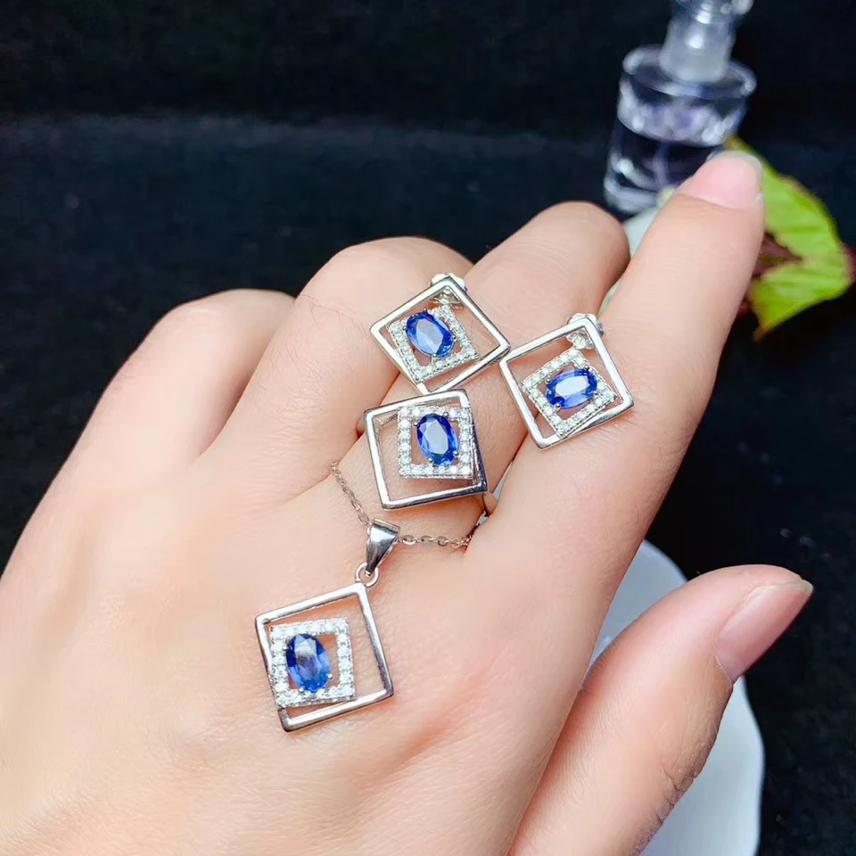 CoLife Jewelry Natural Sapphire Ring Sapphire Earrings Sapphire Pendant for Party 925 Silver Sapphire Jewelry Set