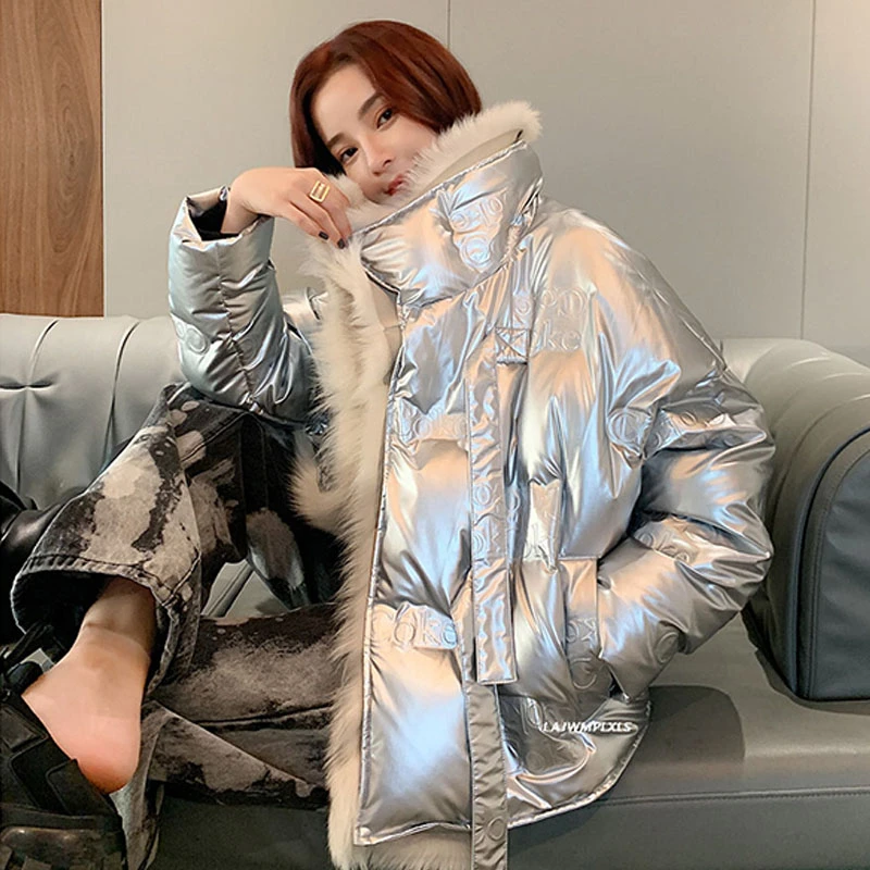 

High Quality Silver Glossy Fur Coat Women Short 90% Down Jacket Women 2021 Winter New Outwear Women YRF269
