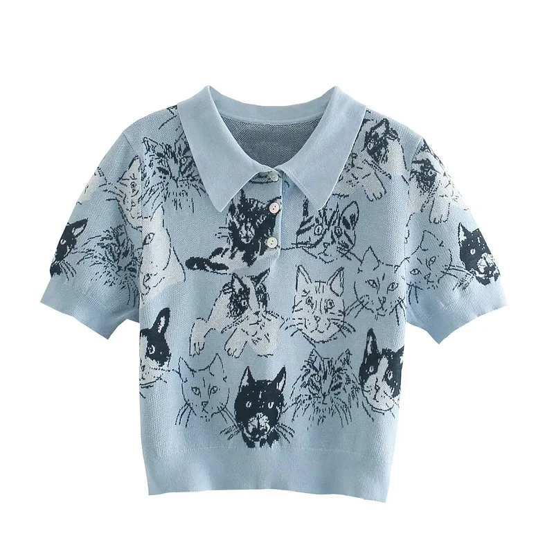 

UNIQYB Women's clothes Za Sweater Fashion Cute Cartoon Cat Print Embroidery Sweater Short Sleeve Lapel Casual Chic Pullover Tops