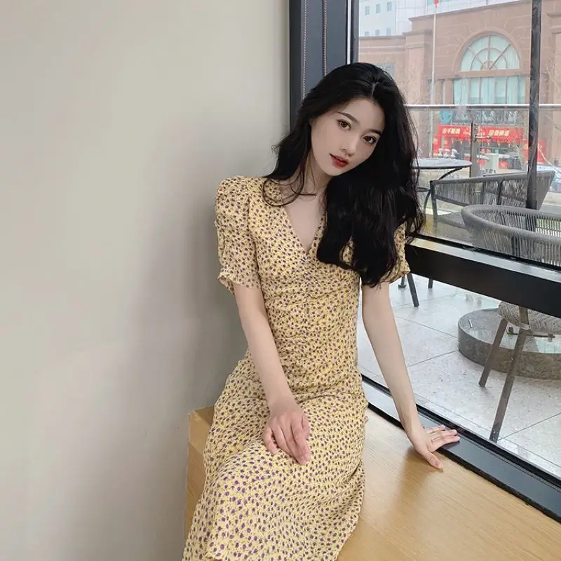 

2021 plus size women's yellow skirt, fat MM, hidden belly, thin chiffon, mid-length, thin, floral skirt