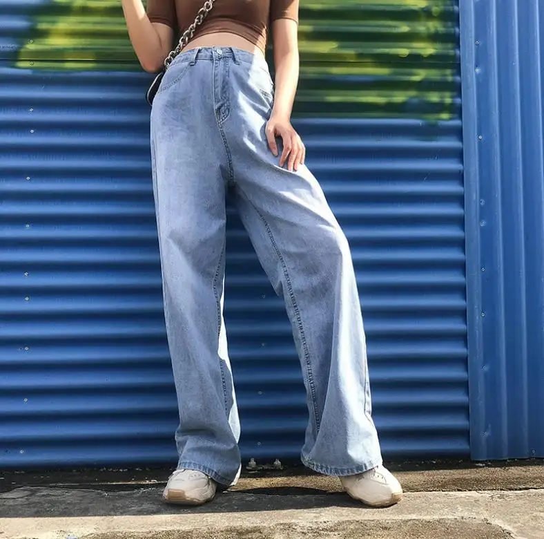 

Street Style Fashion Korean High Waist Jeans Streetwear Women Wide-leg Denim Pants Blue Autumn Ladies Loose Cargo Pants