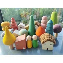 Kids Wooden Toy Color Nordic Buiding Blocks Stacking Crochet House Forest  Hedgechog Unpaint Wooden Trees  Montessori Toy