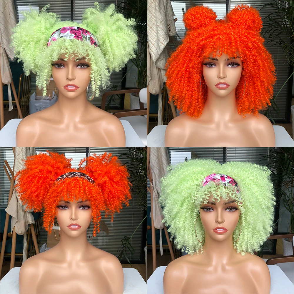 

14inch Short Synthetic Afro Kinky Curly Wigs With Bangs For Black Women Ombre Glueless Cosplay African Wigs High Temperature