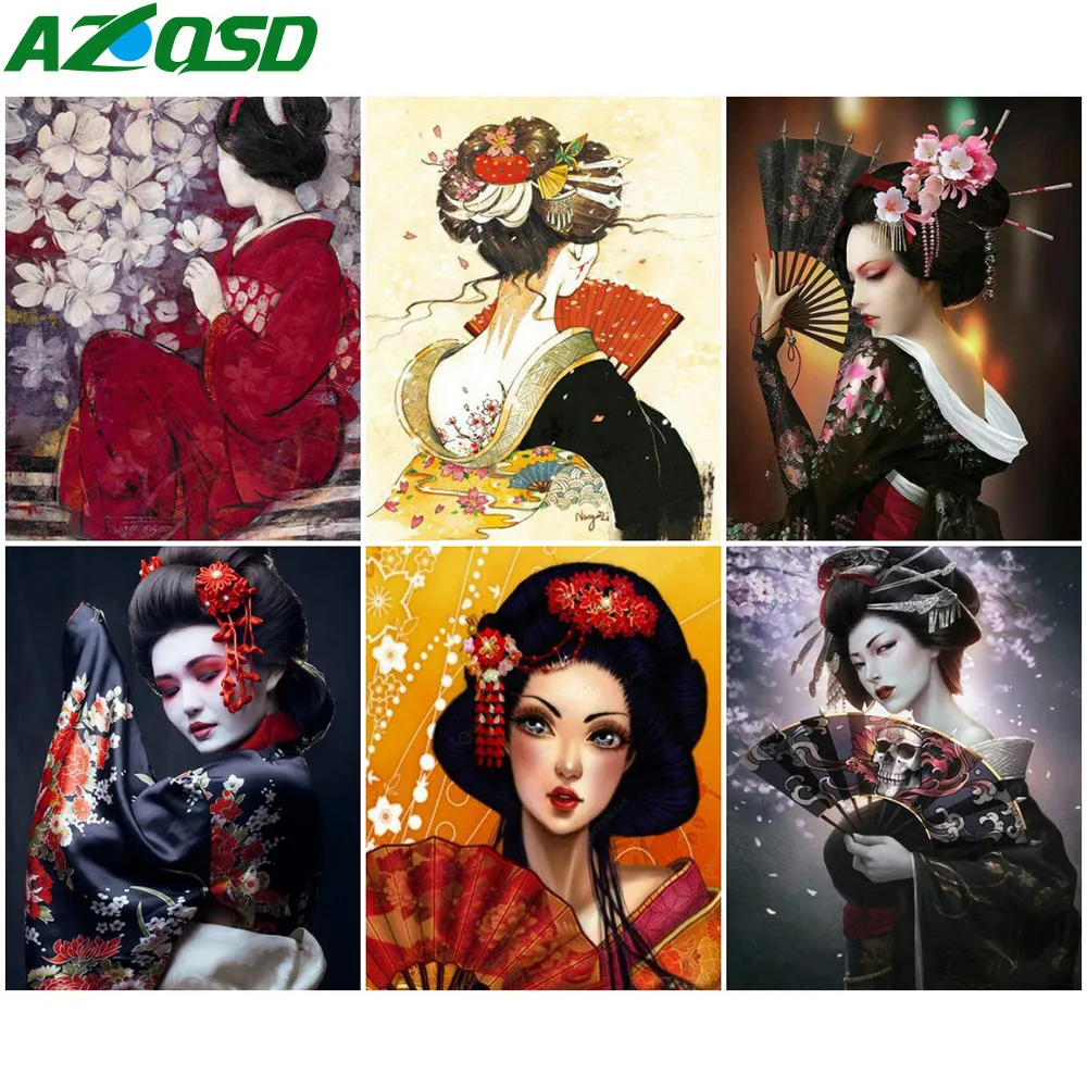 

Картина маслом по номерам AZQSD, кимоно для женщин, японская ручная роспись, современная картина по номерам, портрет, ручная работа, украшение ...