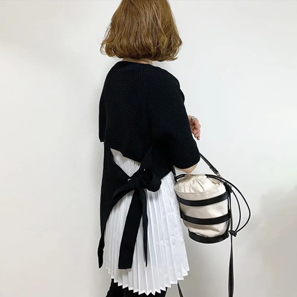 

2020 Knitted T-shirt For Women Color Block Asymmetric Casual Female Sweater Fall Japanese Style Double-Layer Pullover Chic Tops