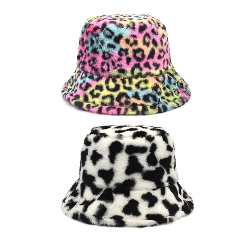 

Winter Warm Fluffy Plush Bucket Hat Multicolor Leopard Cow Print Fisherman Cap
