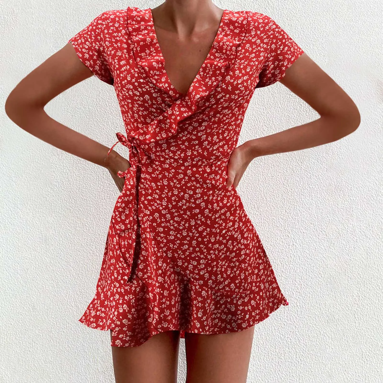 

2021 V-neck Ruffle Dress Women Chiffon Ruffle Short Sleeve Printed Bandage Casual V-Neck Dress Bandage Casual Woman Dress