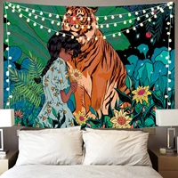 green leaves girl and tiger tapestry wall hanging anime boho decor cartoon aesthetic art tapiz pared 3d home wall decor bedroom