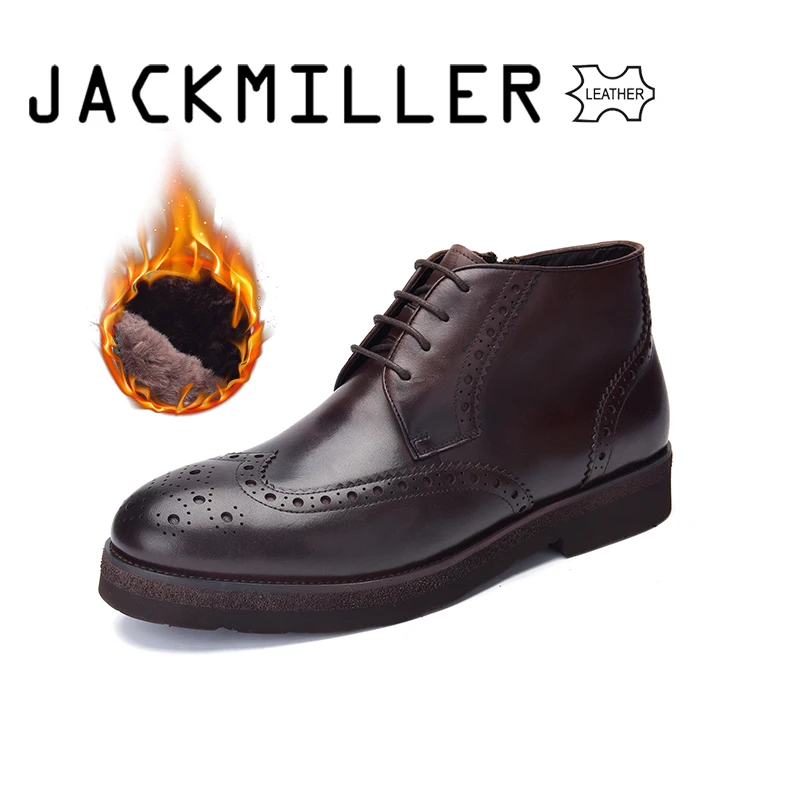 Dark Brown Jackmiller/ботинки из коровьей кожи; Мужская зимняя теплая обувь с подкладкой из натуральной шерсти; мужская обувь на шнуровке с внутренней молнией; цвет черный, темно-коричневый, светло-коричневый - Цвет: Dark Brown
