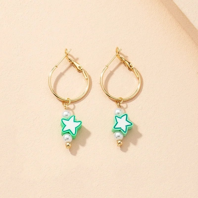 

2021 Bohemia Summer Clay Imitation Pearl Geometric Cute Flower Circle Stainless Steel Hoop Earrings for Women Girls Jewelry