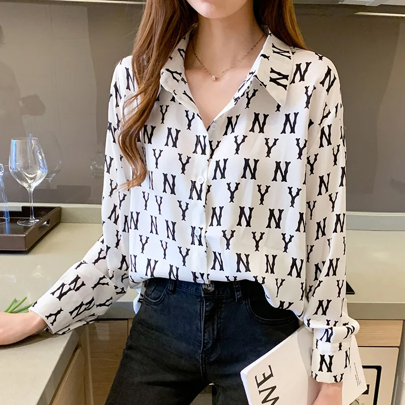 

2021 New Elegant Women's Shirt Fashion Slim Button Turn-down Collar Printed Shirts Autumn Female Clothing Long Sleeve Blouses