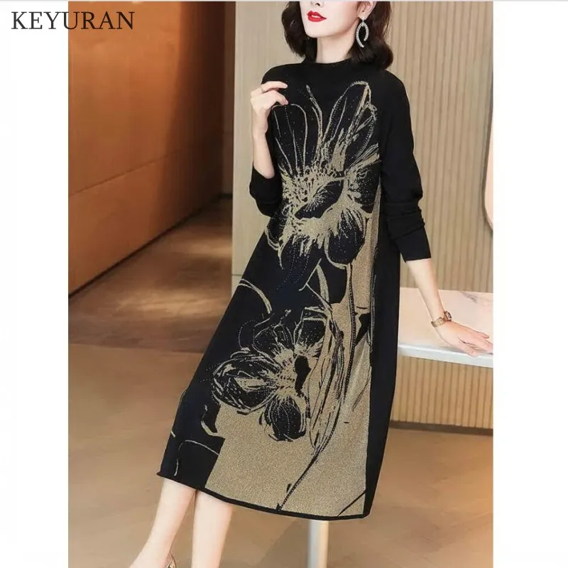 

Plus Size Jacquard Knitted Dress Women 2021 Autumn Winter New Fashion Casual Loose Stitching Bottoming Long Sweater Dress Female