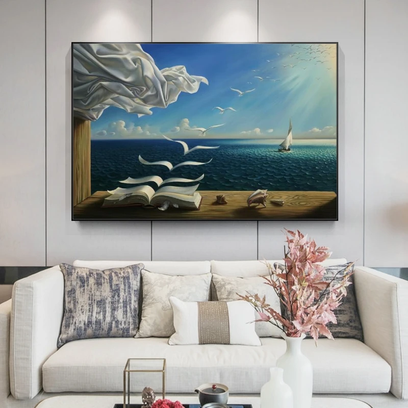 

Salvador Dali Oil Painting The Waves Book Sailboat Wall Paintings On Canvas Surrealism Art Posters and Prints Wall Art Pictures