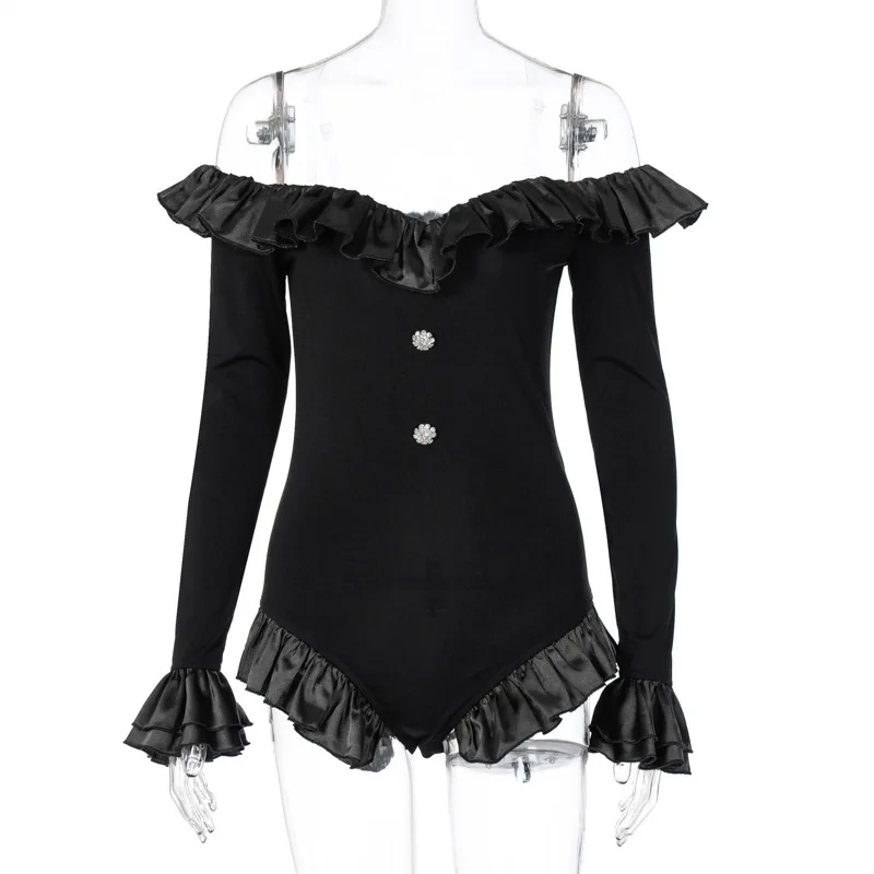 

2020 Fashion Autumn Ruffled Button Decoration Black Long-Sleeved Jumpsuit Women