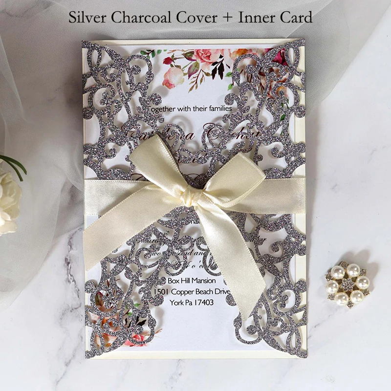 Cover And Insert 1 шт. золотисто-синяя Серебристая блестящая бумага лазерная резка свадебные пригласительные открытки с лентой индивидуальный Свадебный декор вечерние принадлежности - Цвет: Cover And Insert