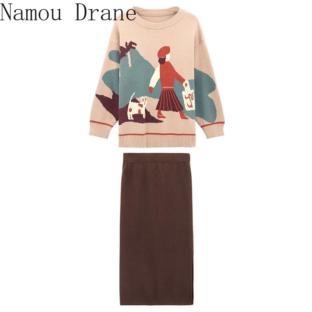 

New Winter Fashion 2 Pcs Women Set O Neck Cartoon Girl Print Pullover Knit Sweater + High Waist Hip Solid Skirt Suit