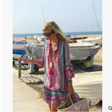 

New printed v-neck dress nine-point sleeve women