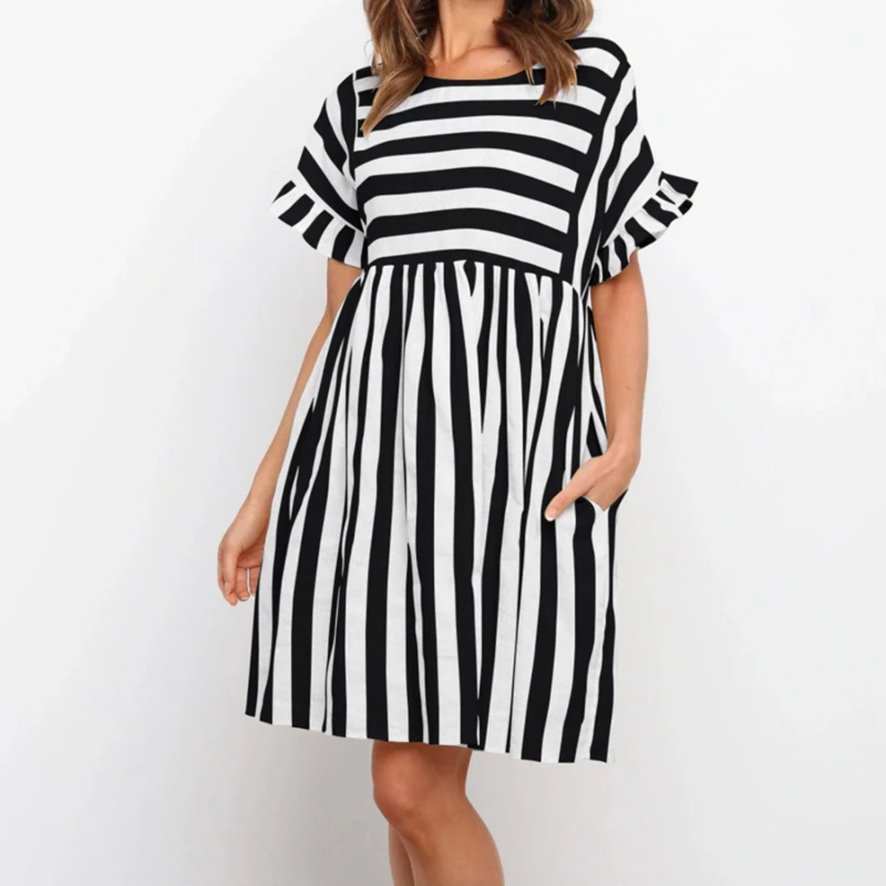 

Ruffle Sleeve Striped Dress Patchwork Summer Woman 2022 Casual High Waist O Neck Loose Dresses For Women Fashion Beach Dress