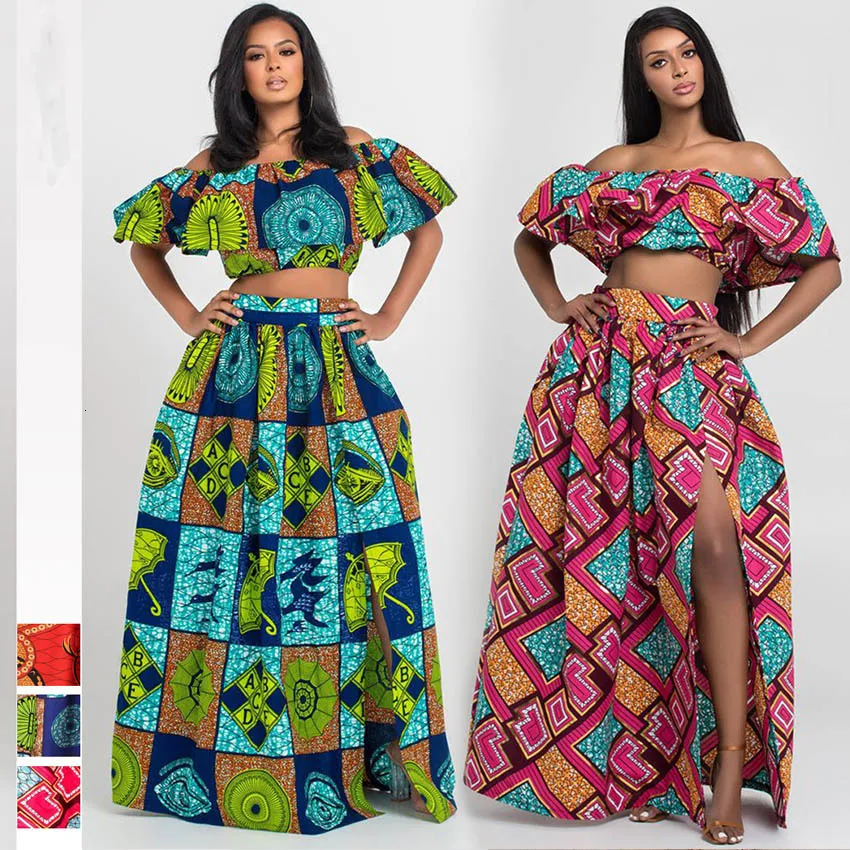 

African Clothes 2019 News Dashiki Print Party Shoulder Off Ladies Sling Skirts Africa Dresses for Women Bazin Ankera Long Robe