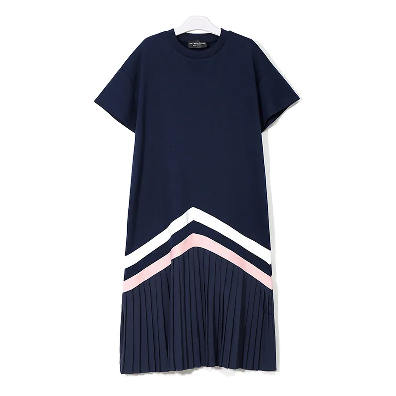 [EAM] New Spring Summer Round Neck Short Sleeve Black Striped Stitch Hem Pleated Big Size Dress Women Fashion Tide JL961 - Цвет: blue