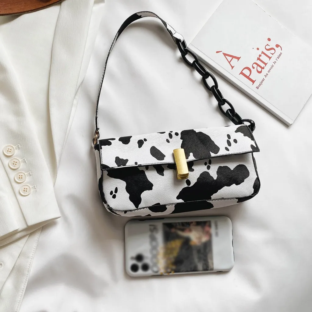 Винтажные кожаные женские сумочки Багет модные сумки с рисунком коровы на плечо
