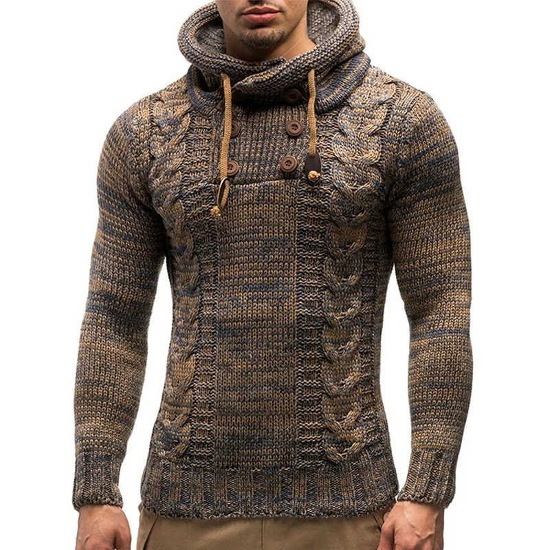 

Men's solid color knitted hooded sweater, long sleeved round neck sweater, tight top, popular in autumn and winter, new in 2021