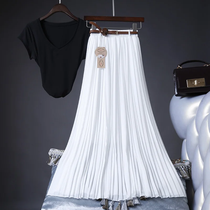 

2020 High Quality Women Summer Skirt High Waist Vintage Women Pleated Skirt Saias Femme Boho White Long Chiffon Skirt Streetwear