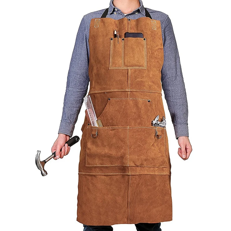 

Leather Work Shop Apron With 6 Tool Pockets Heat&Flame Resistant Heavy Duty Welding Apron,24X36inch,Adjustable M To XXL