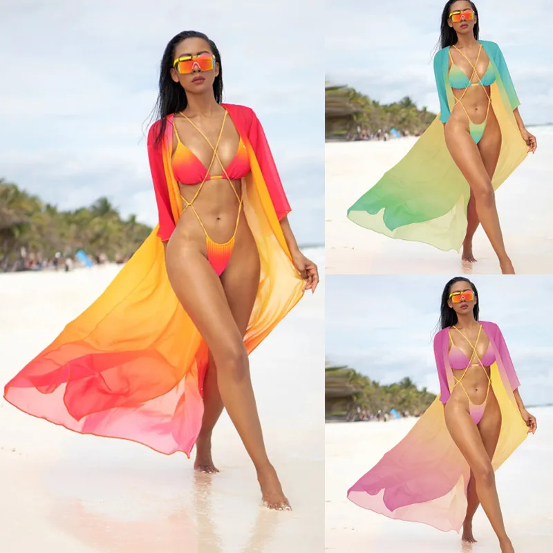 

Купальный костюм женский из 3 предметов, пляжная одежда с защитой от солнца, комплект бикини с чашками пуш-ап, ажурный длинный купальный кост...
