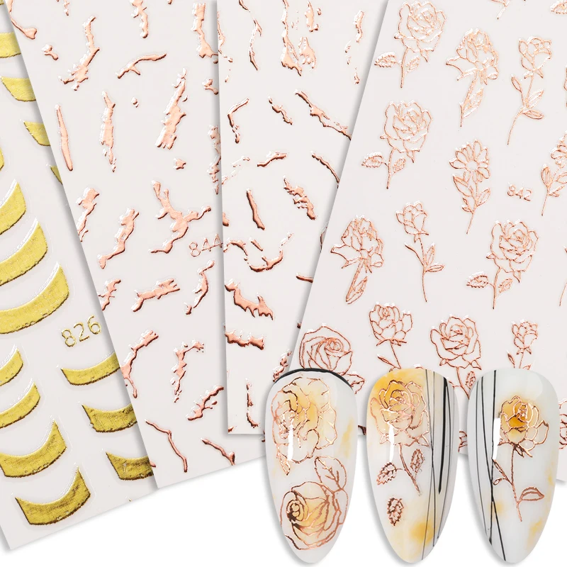 1 шт. 3D наклейки для ногтей с золотым розовым узором неправильная полоска