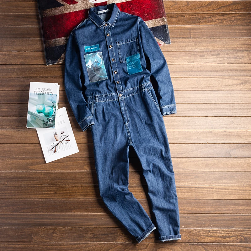 Men's Denim Jumpsuit Long Sleeve Patch Style Black Blue Overalls Hip Hop Streetwear Leisure Jeans Cargo Pants Freight Trousers