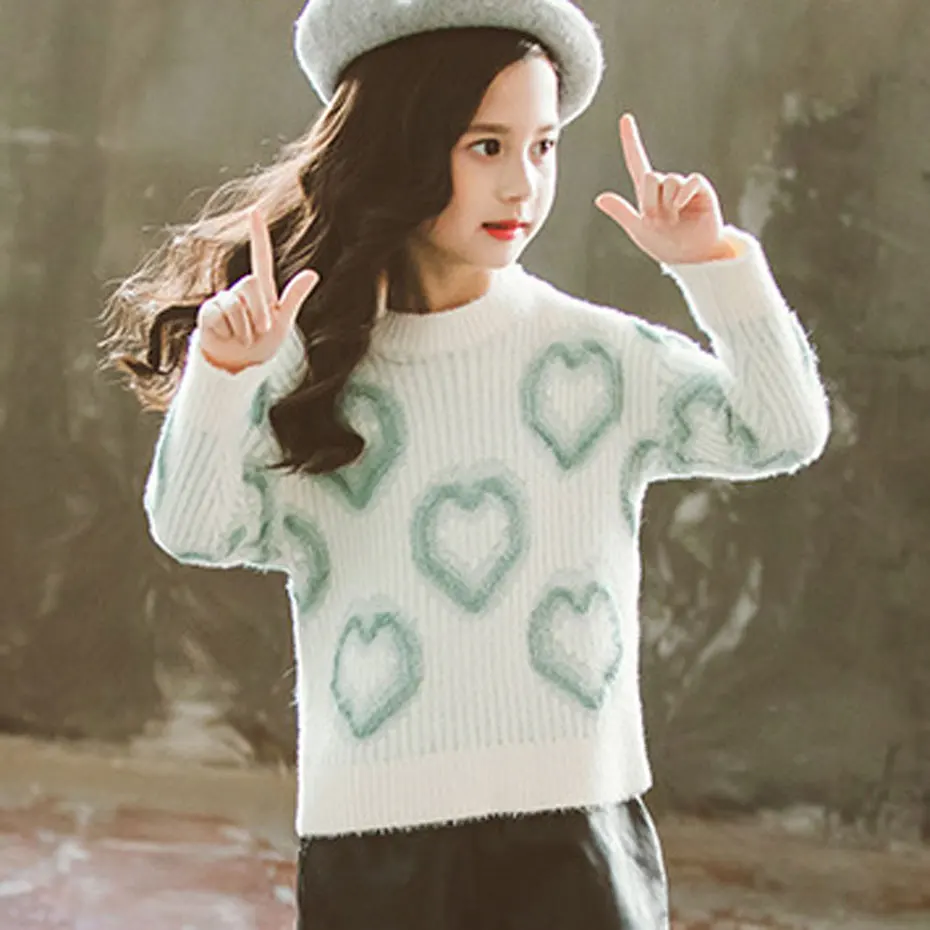 Свитер для девочек Детские свитера с принтом сердца пуловер вязаный свитер
