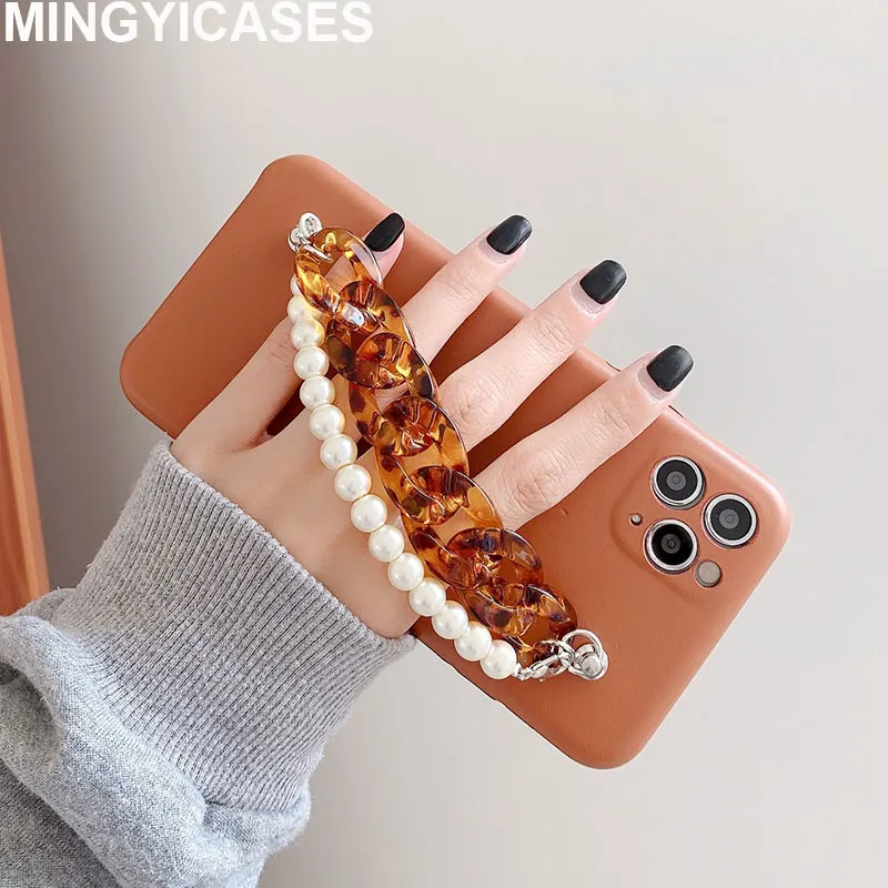 Телефонная сумка для Iphone 12 Pro 11 Max Case PU Leatcher Cases 7 8 Plus Xr Xs X Cover Amber Pearl Chain Bracelet on.