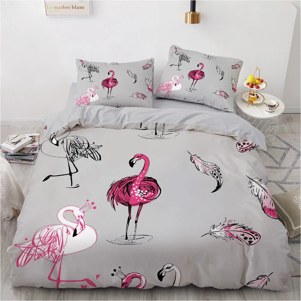 

Grey Simple Bedding Sets 3D Duvet Quilt Cover Set Comforter Bed Linen Pillowcase King Queen Full Double Flamingo 220X240cm Size