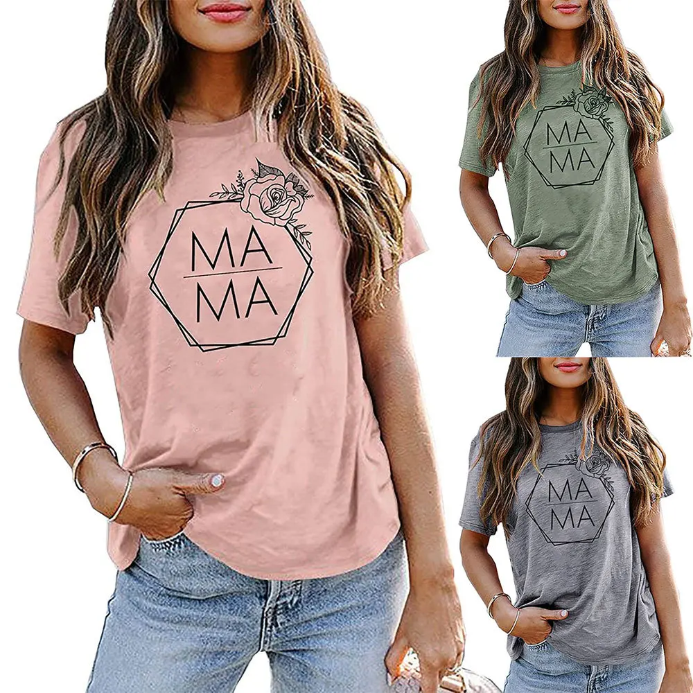 

MAMA Letter Rose Print Round Neck Shirts for Women Aesthetic Vintage Women Shirts 2021 Summer Kawaii Clothes Vintage XL