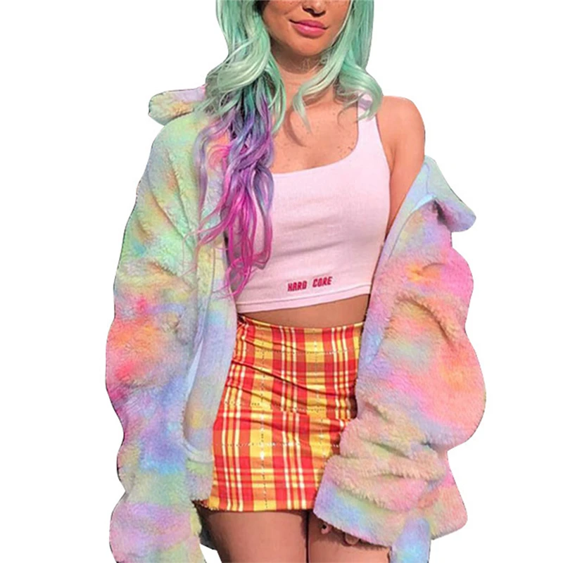 Модные женские большие цветные толстовки на молнии пальто из пушистого флиса