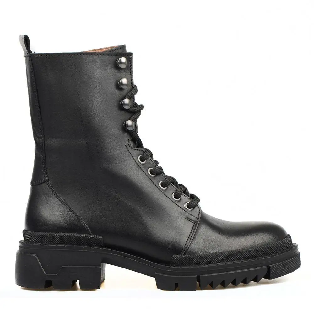 

FootCourt- Black Genuine Leather men's Military Combat Boots Chunky Student Ankle Boots Punk Boots Boots Boots