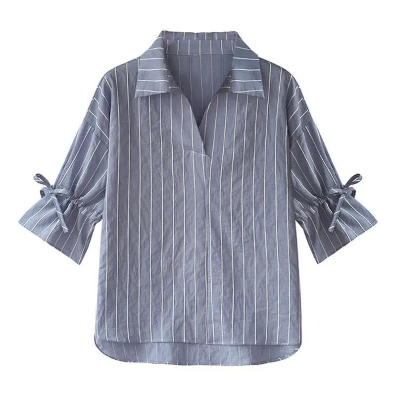 

GOOHOJIO 2020 New Long Sleeve Oversized Blouse for Women Lapel Formal Office Lady Shirt Vertical Stripe Autumn Ladies Streetwear