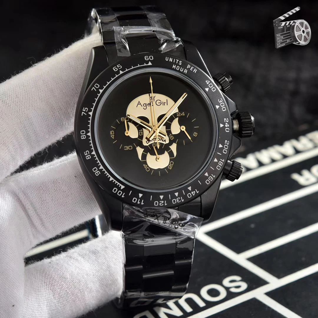 Full Black Gold Роскошные брендовые новые мужские японские Кварцевые полностью черный чехол из розового золота часы из нержавеющей стали с хронографом Сапфировая керамика багет череп - Цвет: Full Black Gold