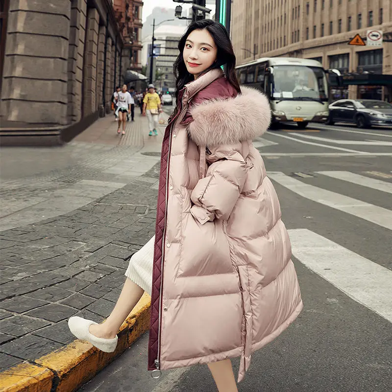 

Women 2020 Winter Fashion Real Fur Collar 90% White Duck Down Hooded Jackets Female Long Style Outerwear Ladies Warm Coat P37