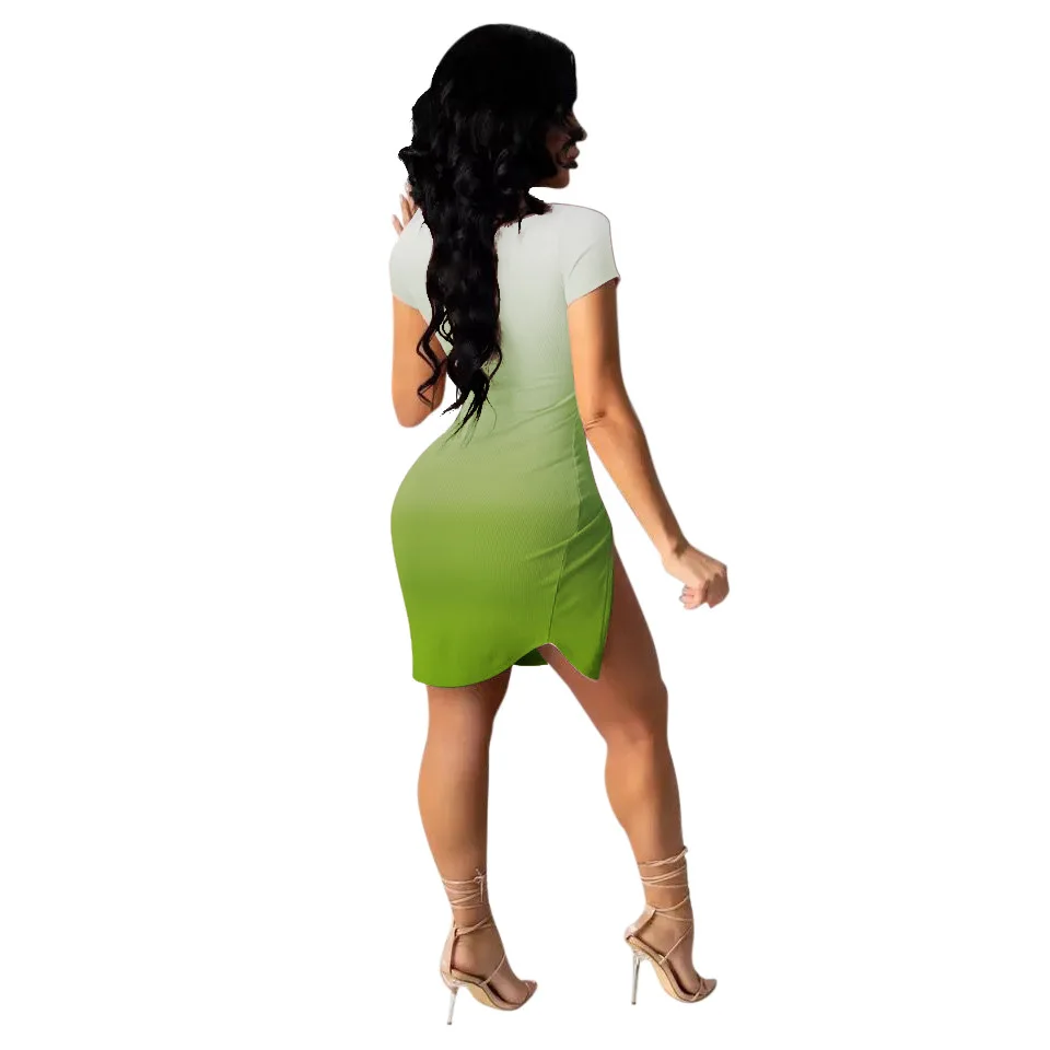 

SSEURAT Women Dress Gradient Print Zip Short Sleeve Sheath Elastic Bodycon Mini Dresses Female Fashion Casual Dress 2021