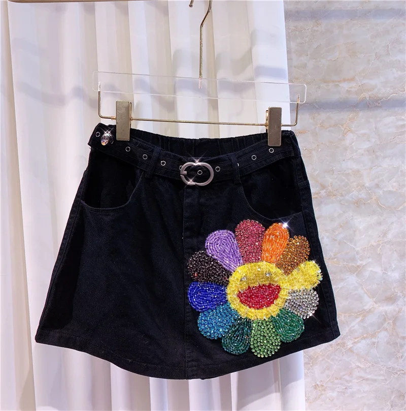 

Sexy Women Denim Mini Skirt Rhinestone sequined sunflower Summer High Waist Black Skirt Package Hip Jeans female