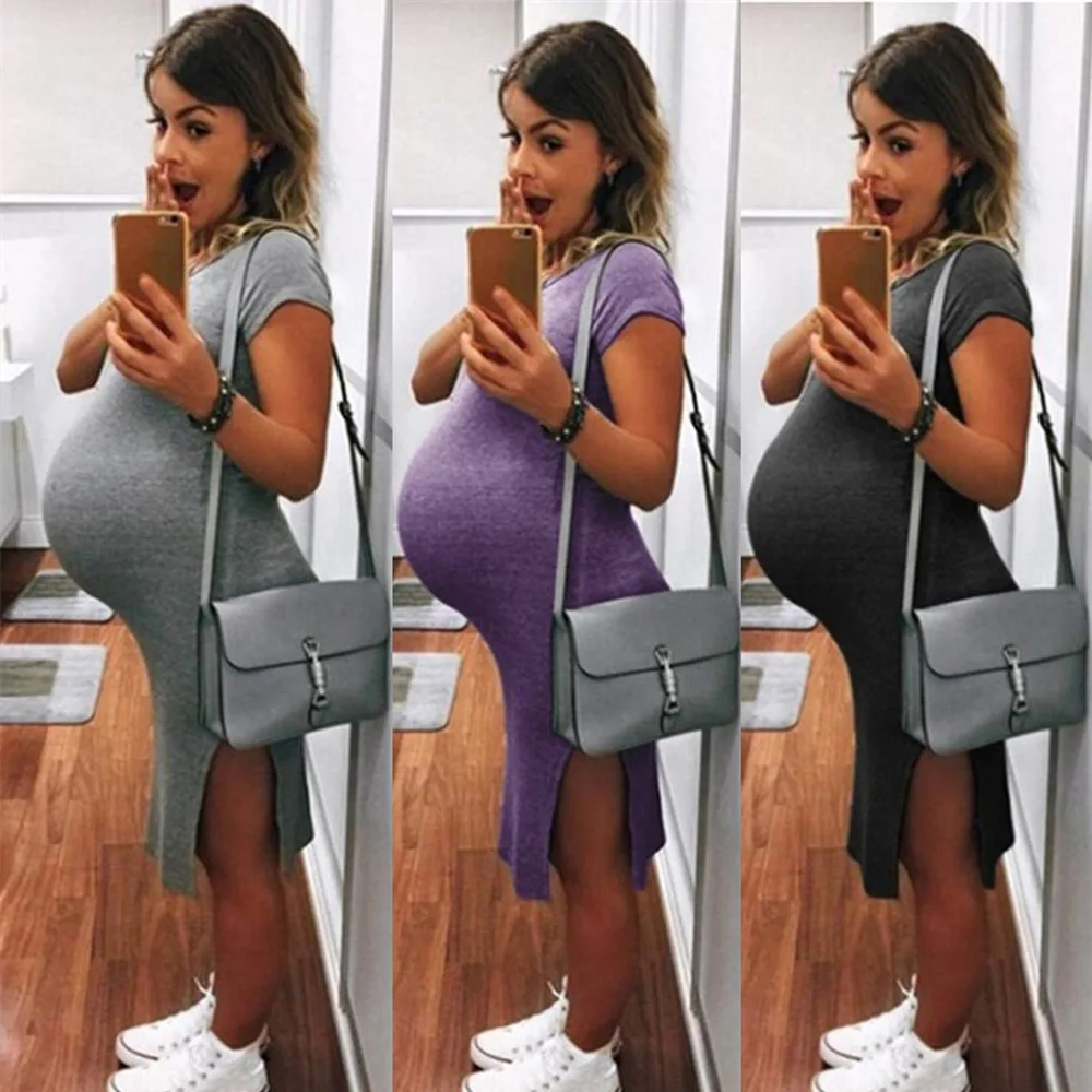 

Женское трикотажное платье для беременных, повседневное однотонное платье с коротким рукавом и разрезом, 2021