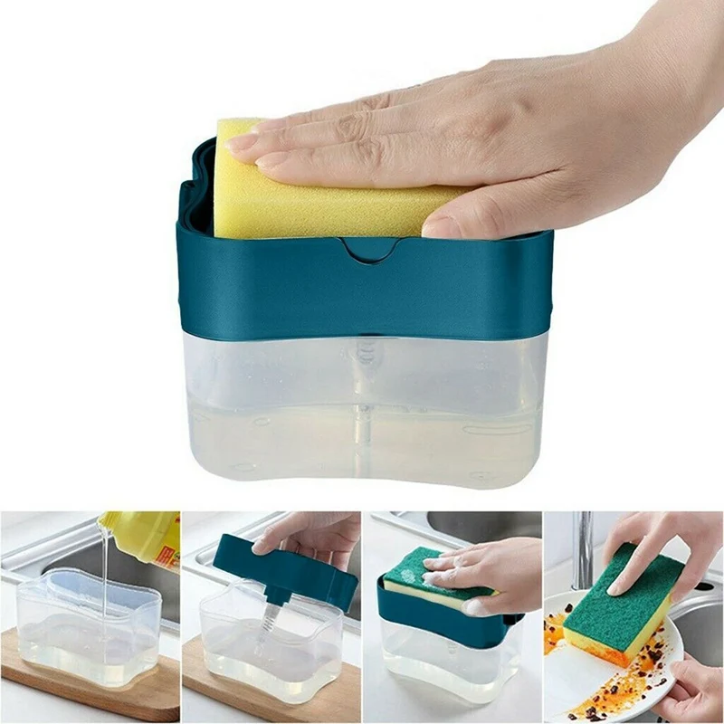 

2 In 1 Sponge Box With Soap Dispenser Pump Kitchen Bathroom Hand Press Soap Dispenser With Sponge Holder Box Liquid Dispenser