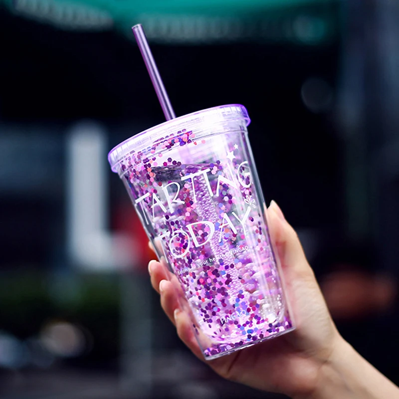 450 мл блестящая летняя бутылка двойная пластиковая с соломинкой для воды улицы