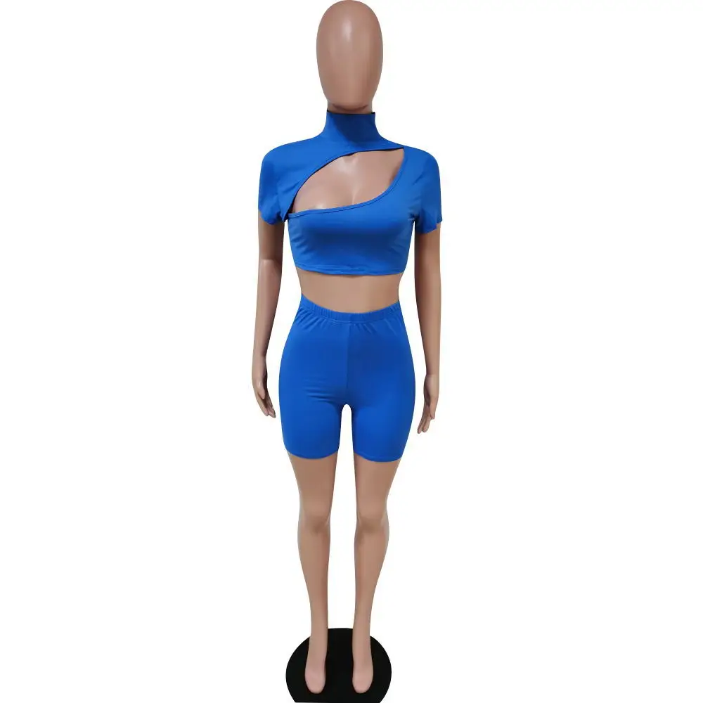 

HAOOHU Women solid short sleeve cut out sexy crop top shorts jogger sweatpants suit two piece set sport matching set outfit