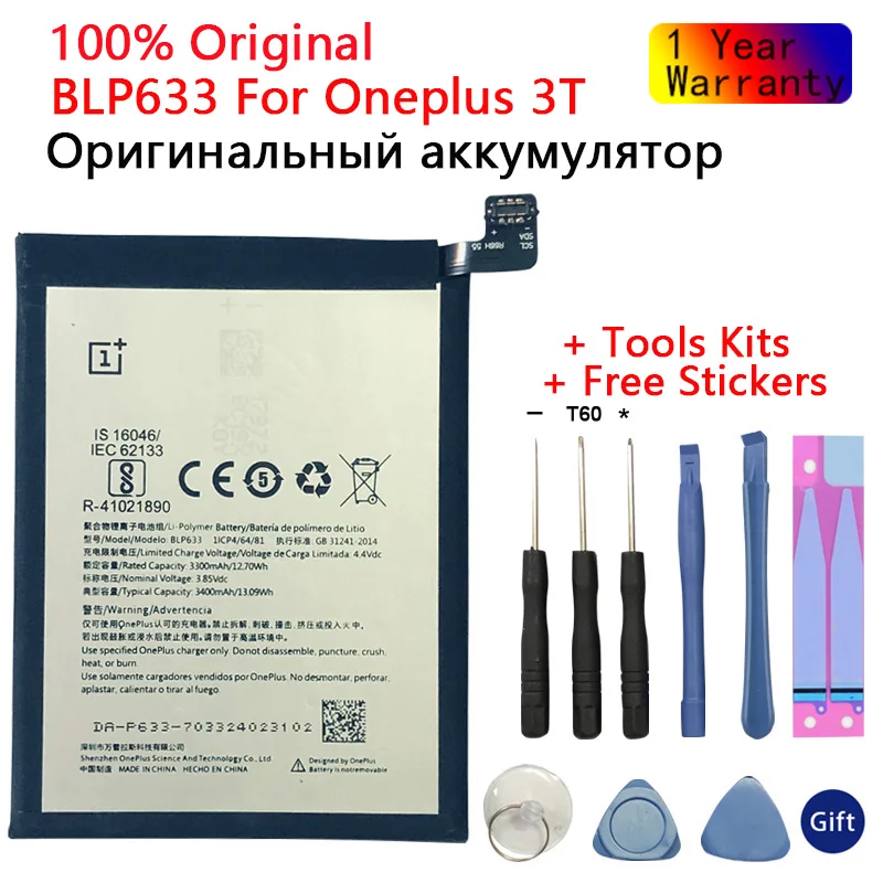 

Оригинальный Новый аккумулятор для Oneplus 3T, высокое качество, 3400 мАч BLP633, замена для смартфона Oneplus Three T + батарея