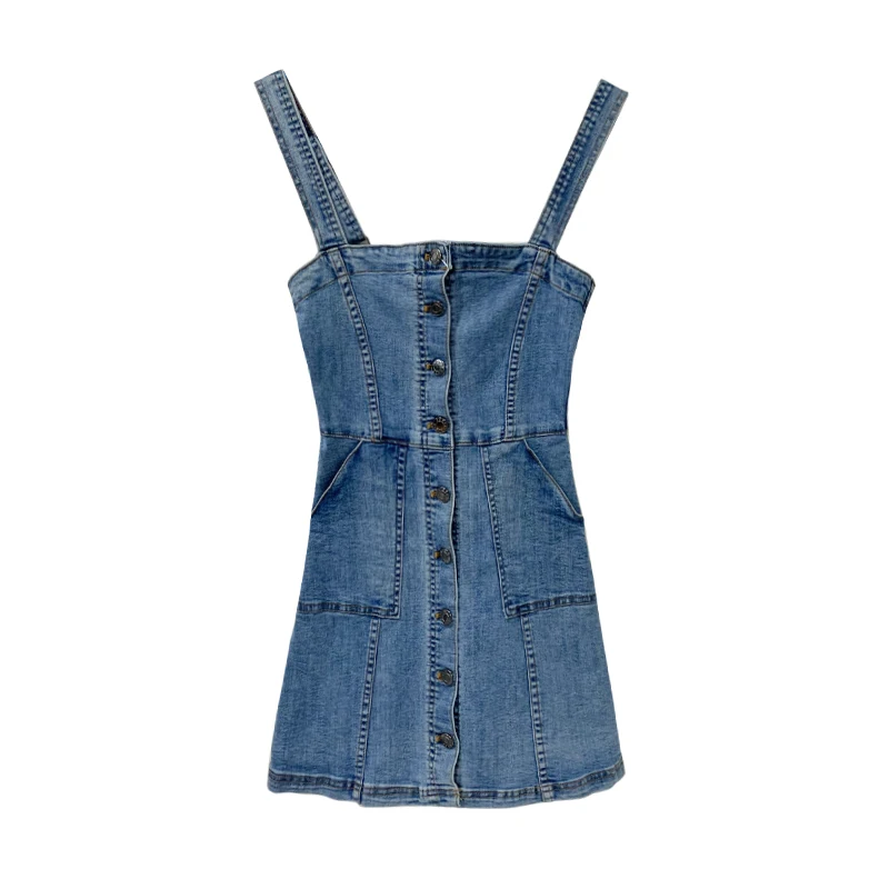 

2021 Retro denim dress was thin suspender sexy waist sling bag hip dress LYQ1277