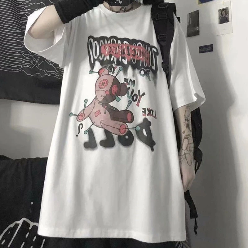 

QWEEK Harajuku Bear Print Graphic T Shirts Women 2021 Goth Oversized Alt Clothes Aesthetic Summer E Girl Punk Tee Shirt Tops Emo