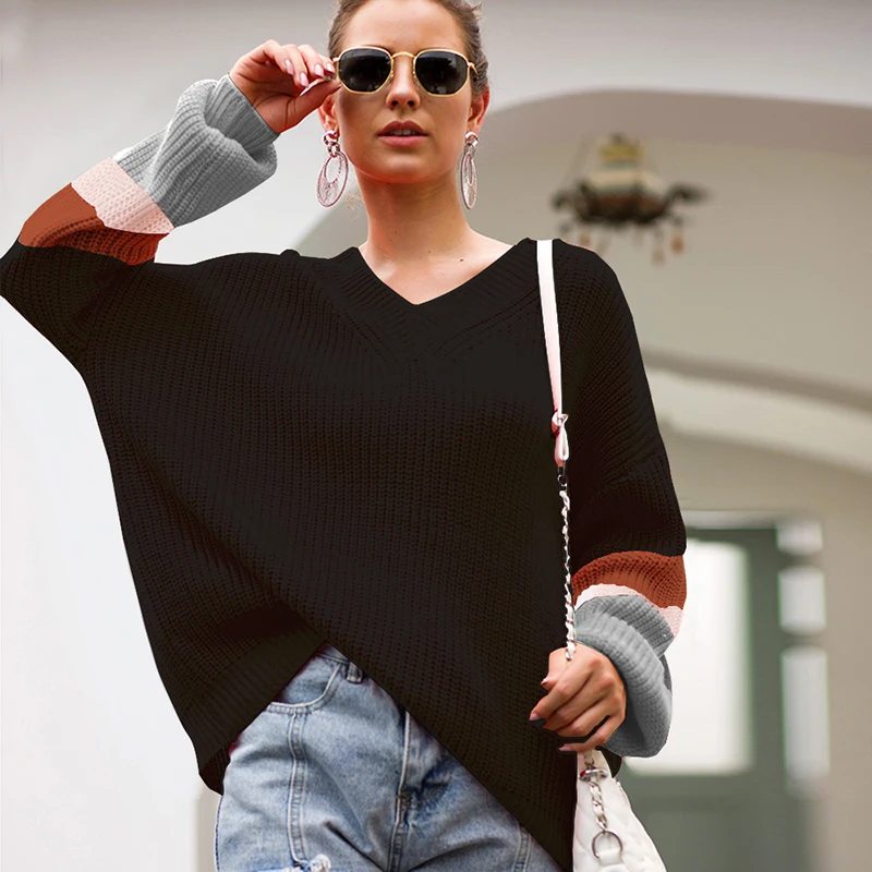 TWOTWINSTYLE Striped Hit Color Knitting Sweaters Women V Neck Batwing Sleeve Loose Pullover Casual Sweater Female 2020 Autumn | Женская